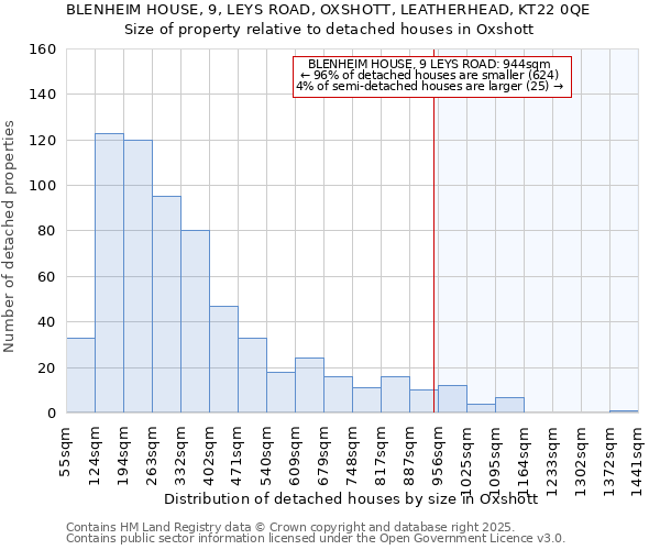 BLENHEIM HOUSE, 9, LEYS ROAD, OXSHOTT, LEATHERHEAD, KT22 0QE: Size of property relative to detached houses houses in Oxshott