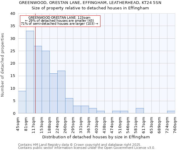 GREENWOOD, ORESTAN LANE, EFFINGHAM, LEATHERHEAD, KT24 5SN: Size of property relative to detached houses houses in Effingham