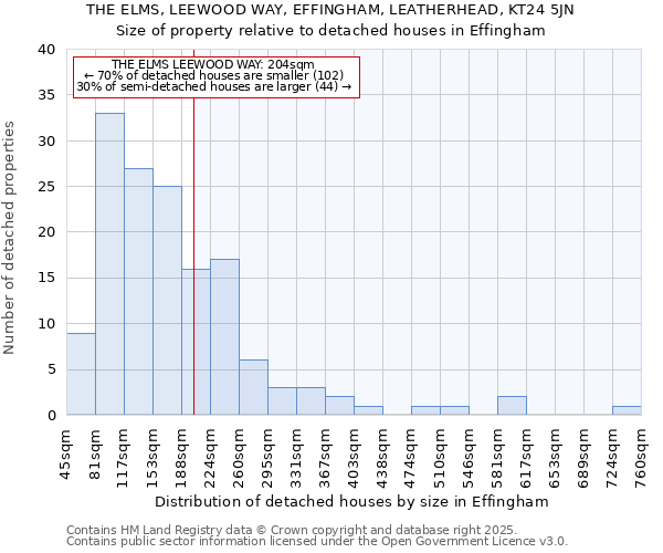 THE ELMS, LEEWOOD WAY, EFFINGHAM, LEATHERHEAD, KT24 5JN: Size of property relative to detached houses houses in Effingham