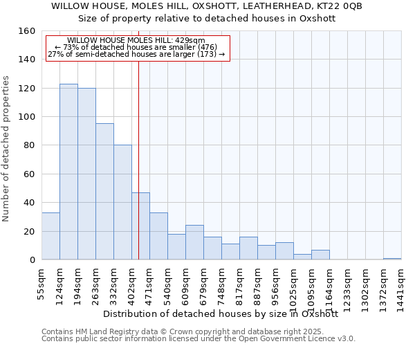 WILLOW HOUSE, MOLES HILL, OXSHOTT, LEATHERHEAD, KT22 0QB: Size of property relative to detached houses houses in Oxshott