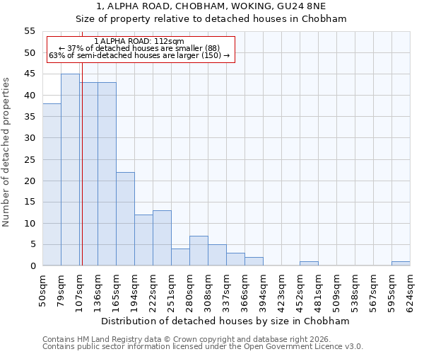 1, ALPHA ROAD, CHOBHAM, WOKING, GU24 8NE: Size of property relative to detached houses in Chobham