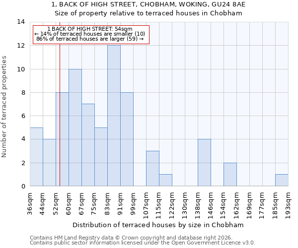 1, BACK OF HIGH STREET, CHOBHAM, WOKING, GU24 8AE: Size of property relative to terraced houses in Chobham