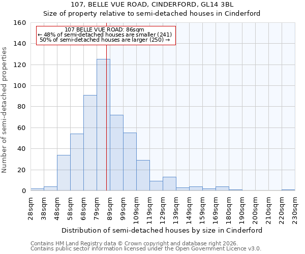 107, BELLE VUE ROAD, CINDERFORD, GL14 3BL: Size of property relative to semi-detached houses in Cinderford