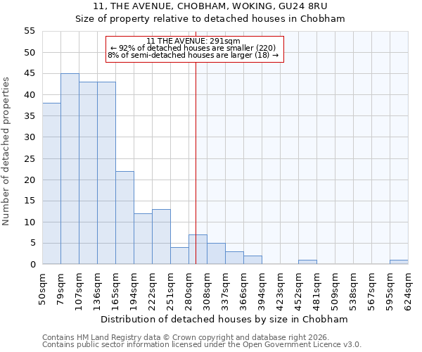 11, THE AVENUE, CHOBHAM, WOKING, GU24 8RU: Size of property relative to detached houses in Chobham