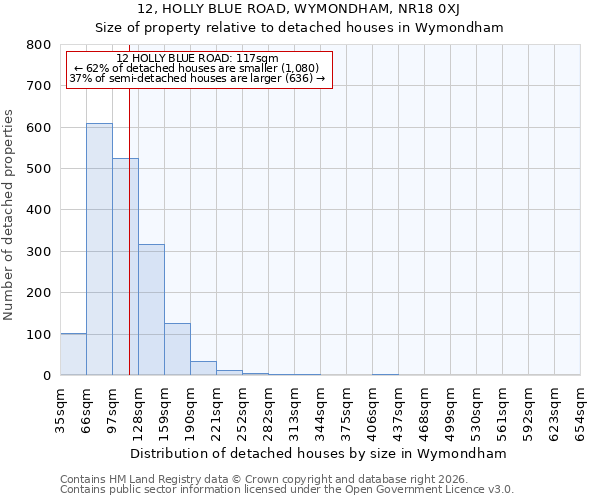 12, HOLLY BLUE ROAD, WYMONDHAM, NR18 0XJ: Size of property relative to detached houses in Wymondham