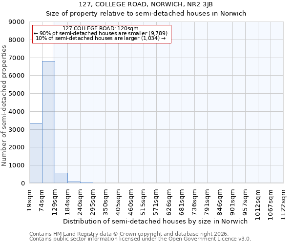 127, COLLEGE ROAD, NORWICH, NR2 3JB: Size of property relative to semi-detached houses in Norwich