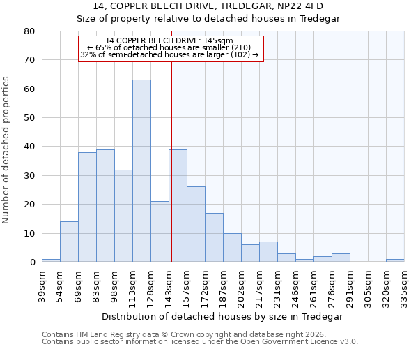 14, COPPER BEECH DRIVE, TREDEGAR, NP22 4FD: Size of property relative to detached houses in Tredegar