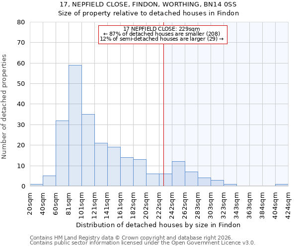 17, NEPFIELD CLOSE, FINDON, WORTHING, BN14 0SS: Size of property relative to detached houses in Findon