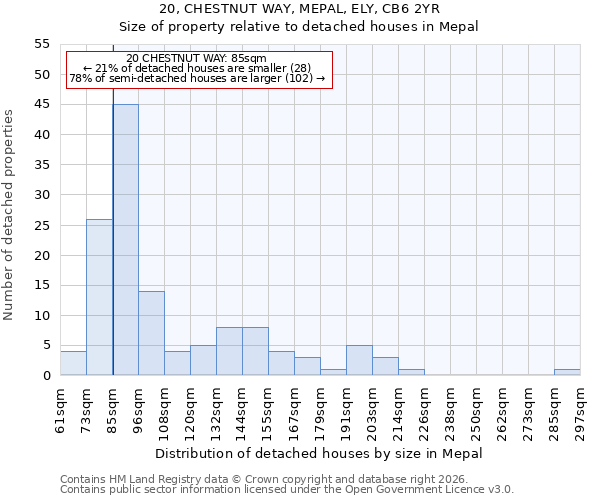 20, CHESTNUT WAY, MEPAL, ELY, CB6 2YR: Size of property relative to detached houses in Mepal