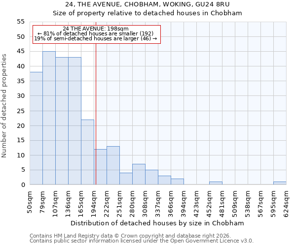 24, THE AVENUE, CHOBHAM, WOKING, GU24 8RU: Size of property relative to detached houses in Chobham