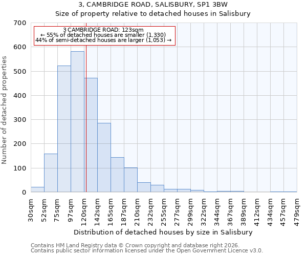 3, CAMBRIDGE ROAD, SALISBURY, SP1 3BW: Size of property relative to detached houses in Salisbury