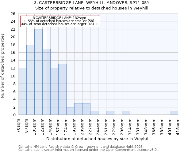 3, CASTERBRIDGE LANE, WEYHILL, ANDOVER, SP11 0SY: Size of property relative to detached houses in Weyhill