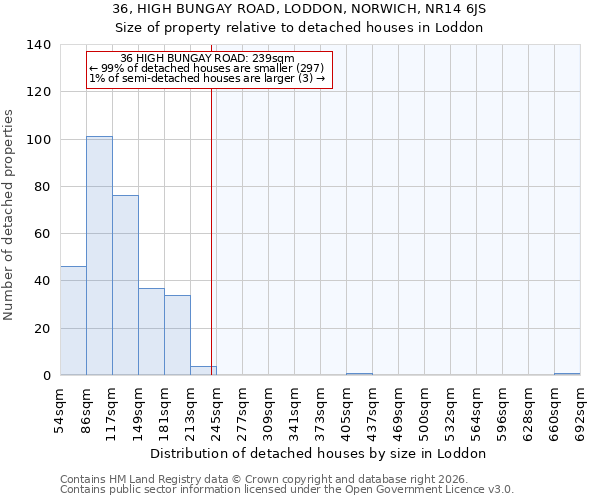 36, HIGH BUNGAY ROAD, LODDON, NORWICH, NR14 6JS: Size of property relative to detached houses in Loddon