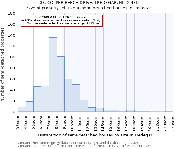 38, COPPER BEECH DRIVE, TREDEGAR, NP22 4FD: Size of property relative to semi-detached houses in Tredegar