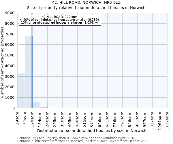 42, HILL ROAD, NORWICH, NR5 0LZ: Size of property relative to semi-detached houses in Norwich