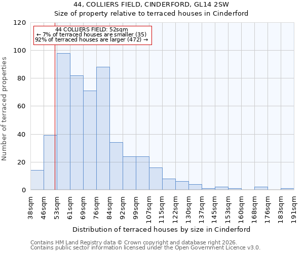 44, COLLIERS FIELD, CINDERFORD, GL14 2SW: Size of property relative to terraced houses in Cinderford