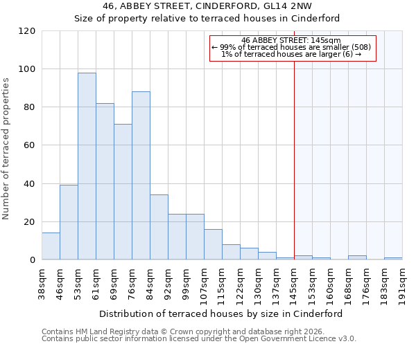 46, ABBEY STREET, CINDERFORD, GL14 2NW: Size of property relative to terraced houses in Cinderford
