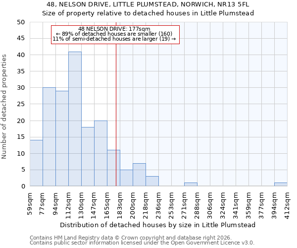 48, NELSON DRIVE, LITTLE PLUMSTEAD, NORWICH, NR13 5FL: Size of property relative to detached houses in Little Plumstead