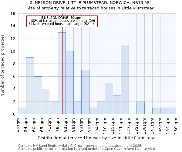 5, NELSON DRIVE, LITTLE PLUMSTEAD, NORWICH, NR13 5FL: Size of property relative to terraced houses in Little Plumstead