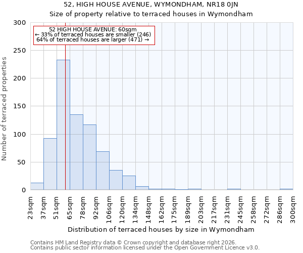 52, HIGH HOUSE AVENUE, WYMONDHAM, NR18 0JN: Size of property relative to terraced houses in Wymondham
