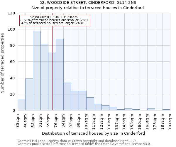 52, WOODSIDE STREET, CINDERFORD, GL14 2NS: Size of property relative to terraced houses in Cinderford