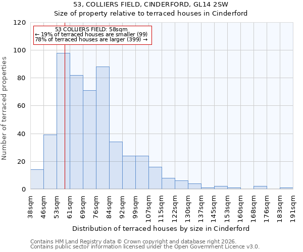 53, COLLIERS FIELD, CINDERFORD, GL14 2SW: Size of property relative to terraced houses in Cinderford