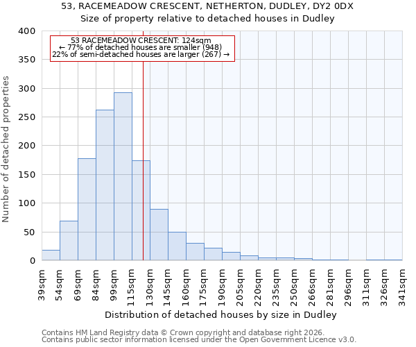 53, RACEMEADOW CRESCENT, NETHERTON, DUDLEY, DY2 0DX: Size of property relative to detached houses in Dudley