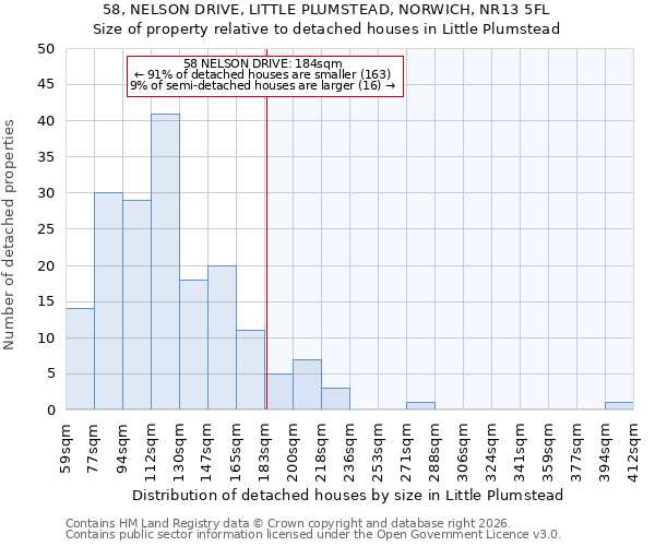 58, NELSON DRIVE, LITTLE PLUMSTEAD, NORWICH, NR13 5FL: Size of property relative to detached houses in Little Plumstead