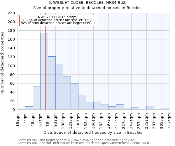 6, WESLEY CLOSE, BECCLES, NR34 9UZ: Size of property relative to detached houses in Beccles