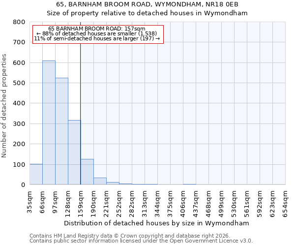 65, BARNHAM BROOM ROAD, WYMONDHAM, NR18 0EB: Size of property relative to detached houses in Wymondham