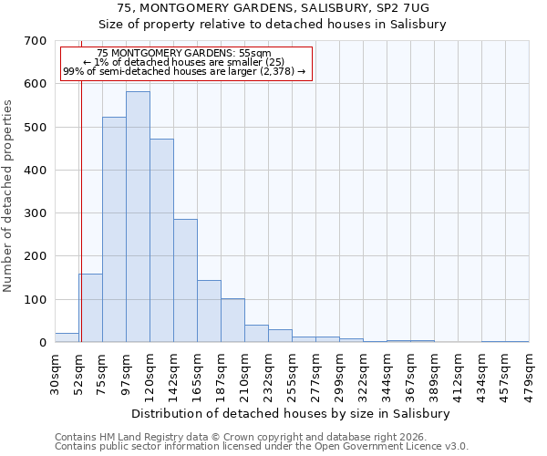 75, MONTGOMERY GARDENS, SALISBURY, SP2 7UG: Size of property relative to detached houses in Salisbury