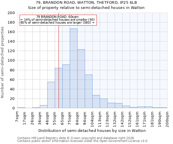 79, BRANDON ROAD, WATTON, THETFORD, IP25 6LB: Size of property relative to semi-detached houses in Watton