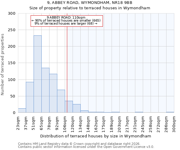 9, ABBEY ROAD, WYMONDHAM, NR18 9BB: Size of property relative to terraced houses in Wymondham