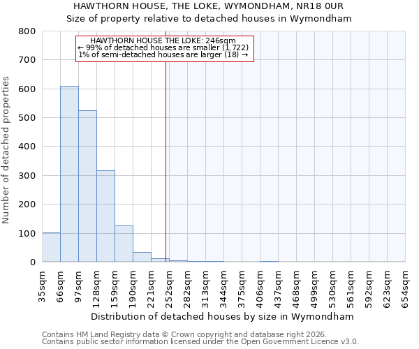 HAWTHORN HOUSE, THE LOKE, WYMONDHAM, NR18 0UR: Size of property relative to detached houses in Wymondham
