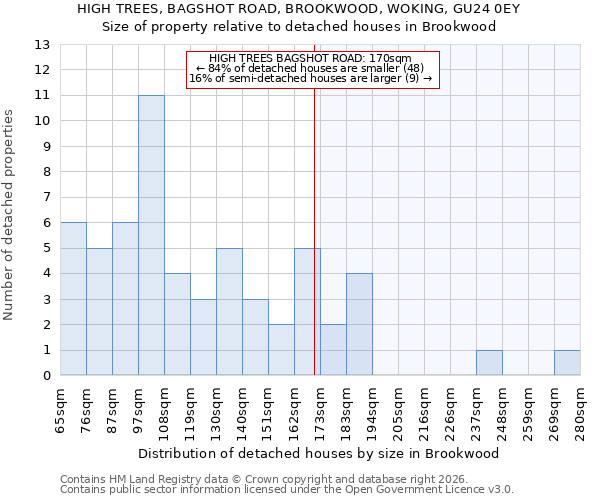 HIGH TREES, BAGSHOT ROAD, BROOKWOOD, WOKING, GU24 0EY: Size of property relative to detached houses in Brookwood
