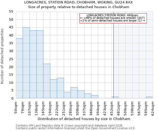 LONGACRES, STATION ROAD, CHOBHAM, WOKING, GU24 8AX: Size of property relative to detached houses in Chobham