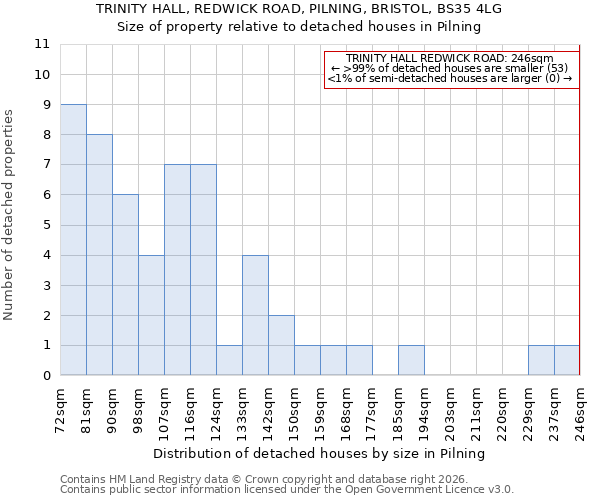TRINITY HALL, REDWICK ROAD, PILNING, BRISTOL, BS35 4LG: Size of property relative to detached houses in Pilning