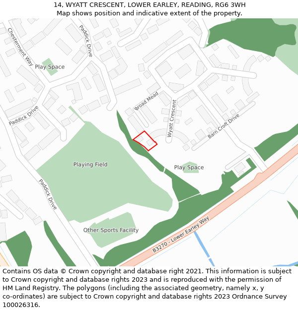 14, WYATT CRESCENT, LOWER EARLEY, READING, RG6 3WH: Location map and indicative extent of plot