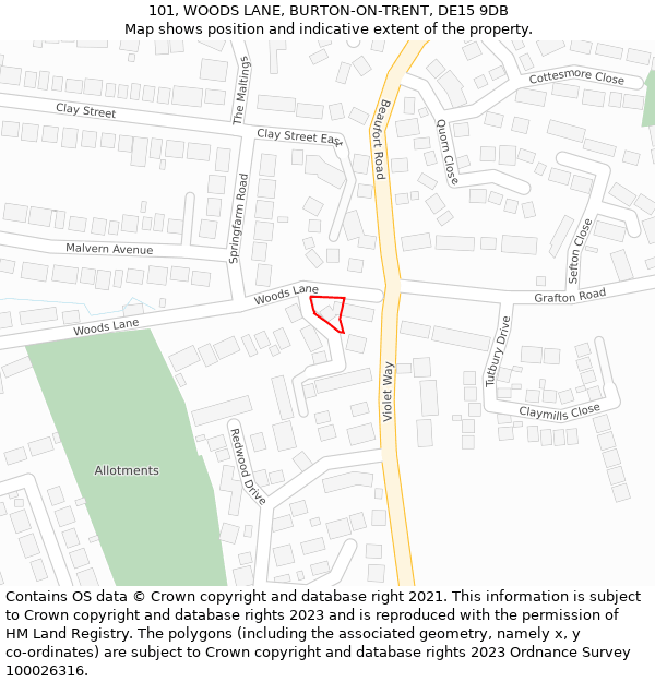 101, WOODS LANE, BURTON-ON-TRENT, DE15 9DB: Location map and indicative extent of plot