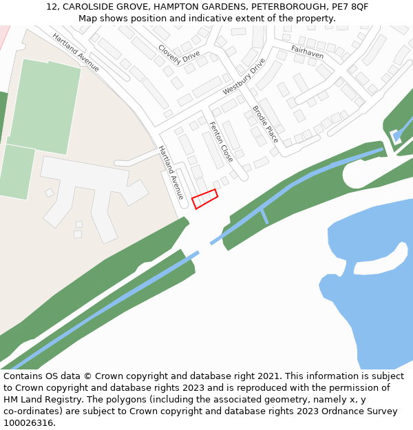 12, CAROLSIDE GROVE, HAMPTON GARDENS, PETERBOROUGH, PE7 8QF: Location map and indicative extent of plot