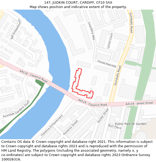 147, JUDKIN COURT, CARDIFF, CF10 5AX: Location map and indicative extent of plot