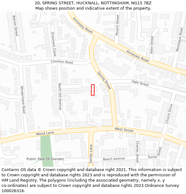 20, SPRING STREET, HUCKNALL, NOTTINGHAM, NG15 7BZ: Location map and indicative extent of plot