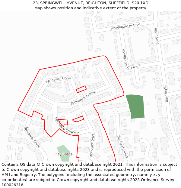 23, SPRINGWELL AVENUE, BEIGHTON, SHEFFIELD, S20 1XD: Location map and indicative extent of plot