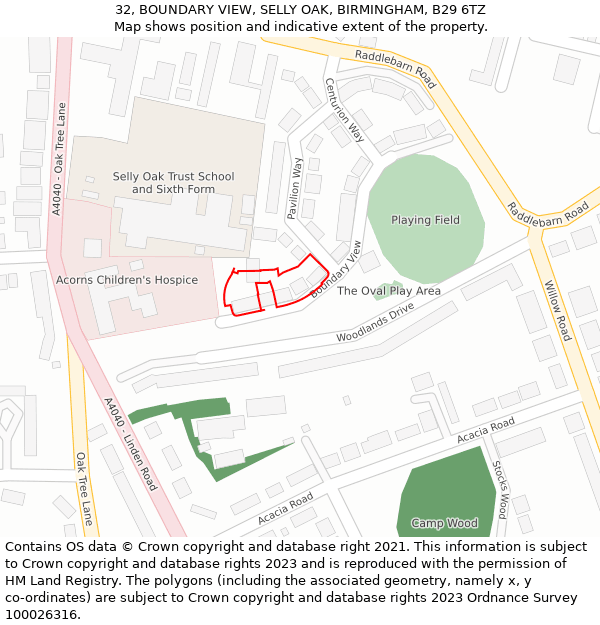 32, BOUNDARY VIEW, SELLY OAK, BIRMINGHAM, B29 6TZ: Location map and indicative extent of plot