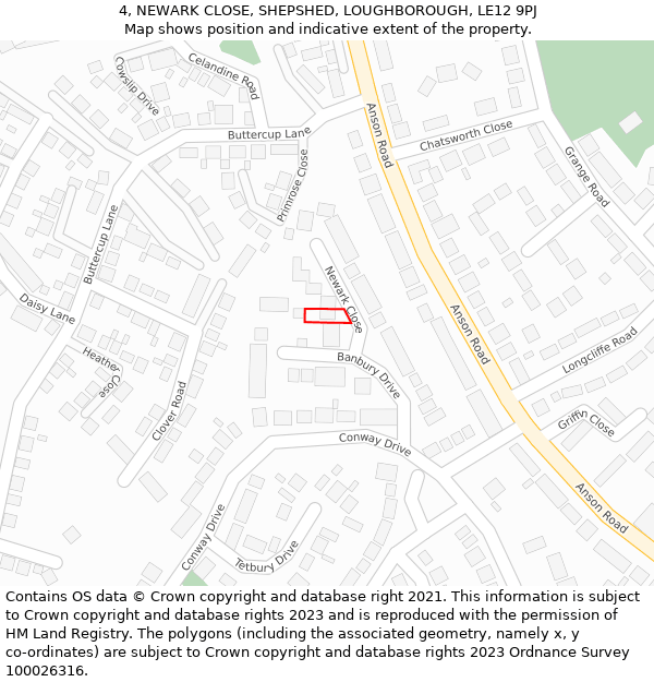4, NEWARK CLOSE, SHEPSHED, LOUGHBOROUGH, LE12 9PJ: Location map and indicative extent of plot