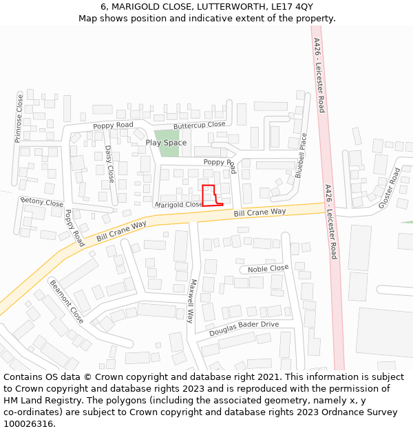 6, MARIGOLD CLOSE, LUTTERWORTH, LE17 4QY: Location map and indicative extent of plot