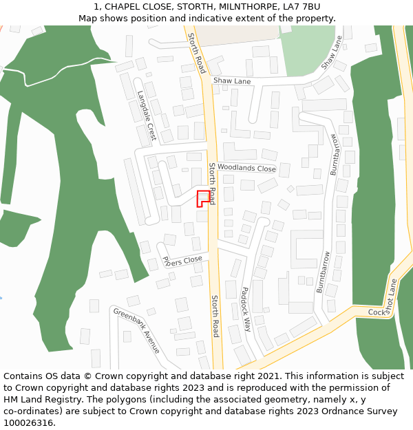 1, CHAPEL CLOSE, STORTH, MILNTHORPE, LA7 7BU: Location map and indicative extent of plot
