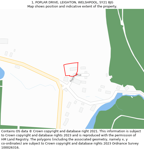 1, POPLAR DRIVE, LEIGHTON, WELSHPOOL, SY21 8JG: Location map and indicative extent of plot