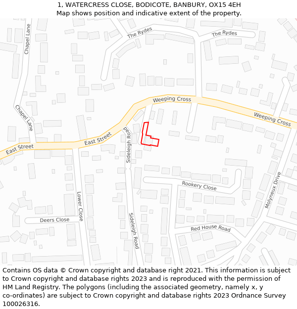 1, WATERCRESS CLOSE, BODICOTE, BANBURY, OX15 4EH: Location map and indicative extent of plot
