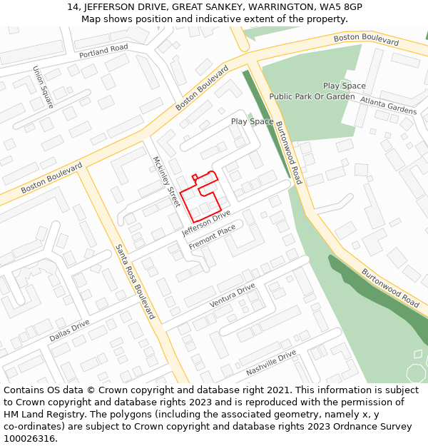 14, JEFFERSON DRIVE, GREAT SANKEY, WARRINGTON, WA5 8GP: Location map and indicative extent of plot